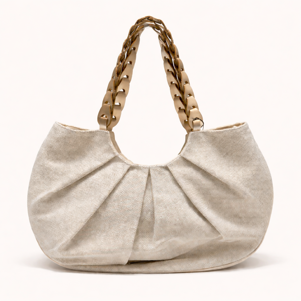 Beige handbag with woven handle