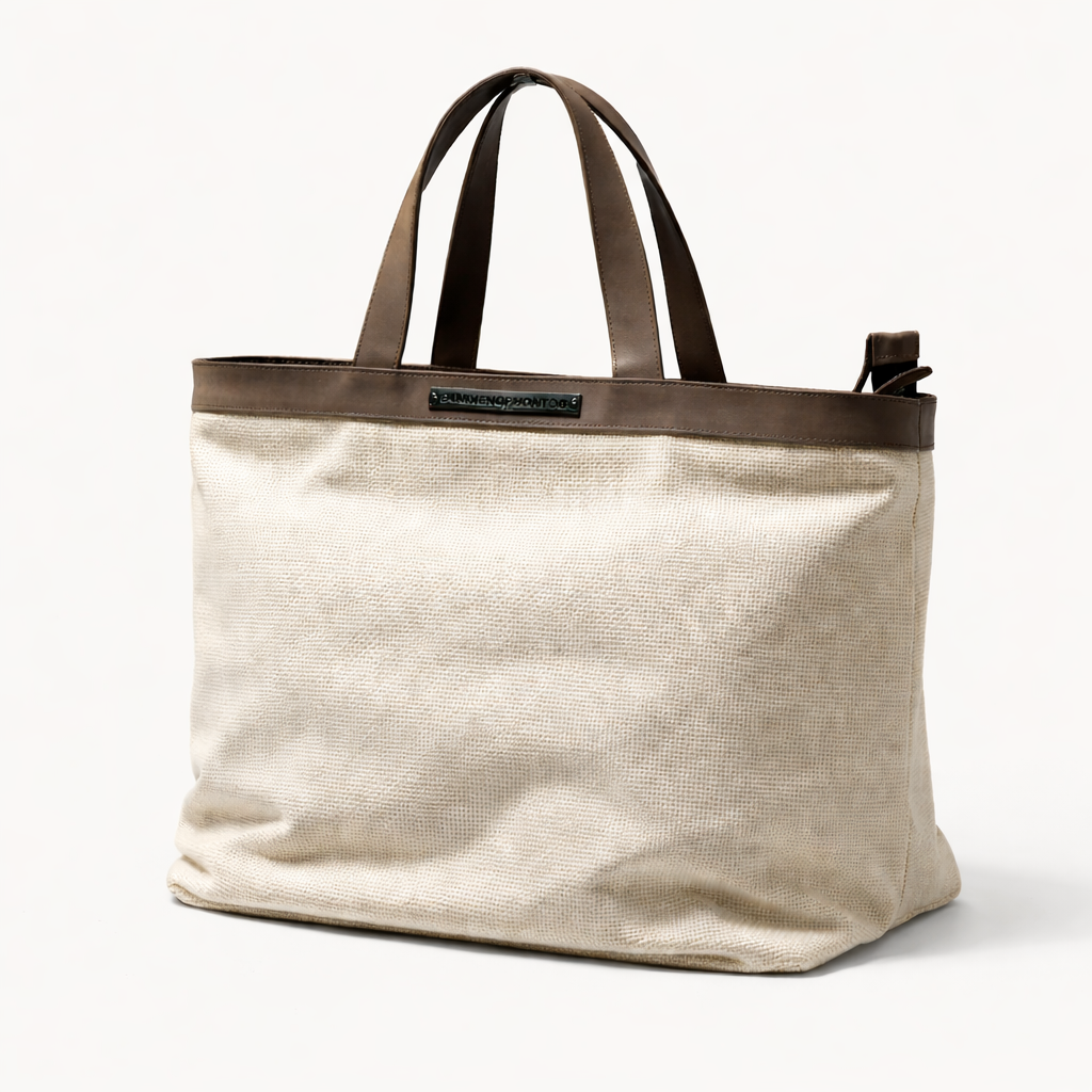 Beach bag with brown handles on a white background