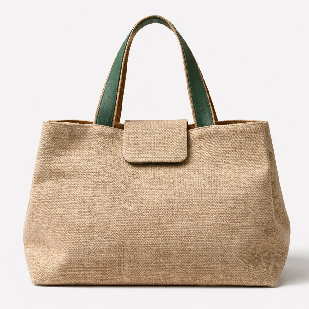 Beige tote bag with green handles on a light gray background