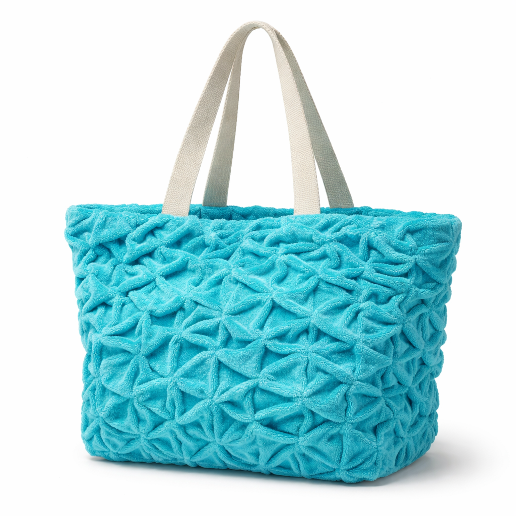 Blue textured tote bag with white handles on a white background