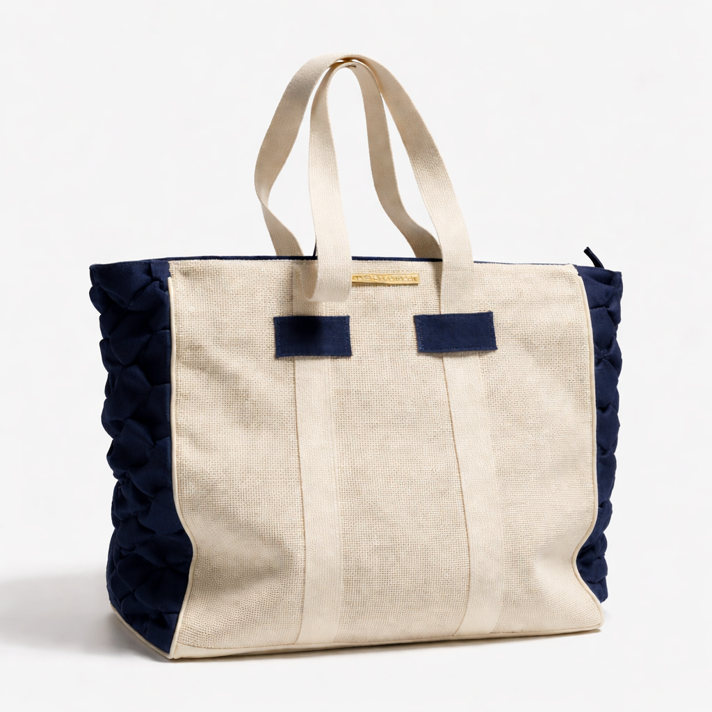 Beige tote bag with navy accents on a white background